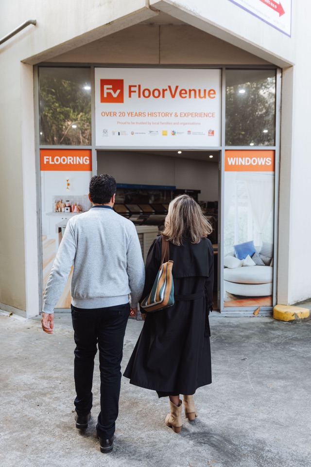 Heading into the showroom past the window displays