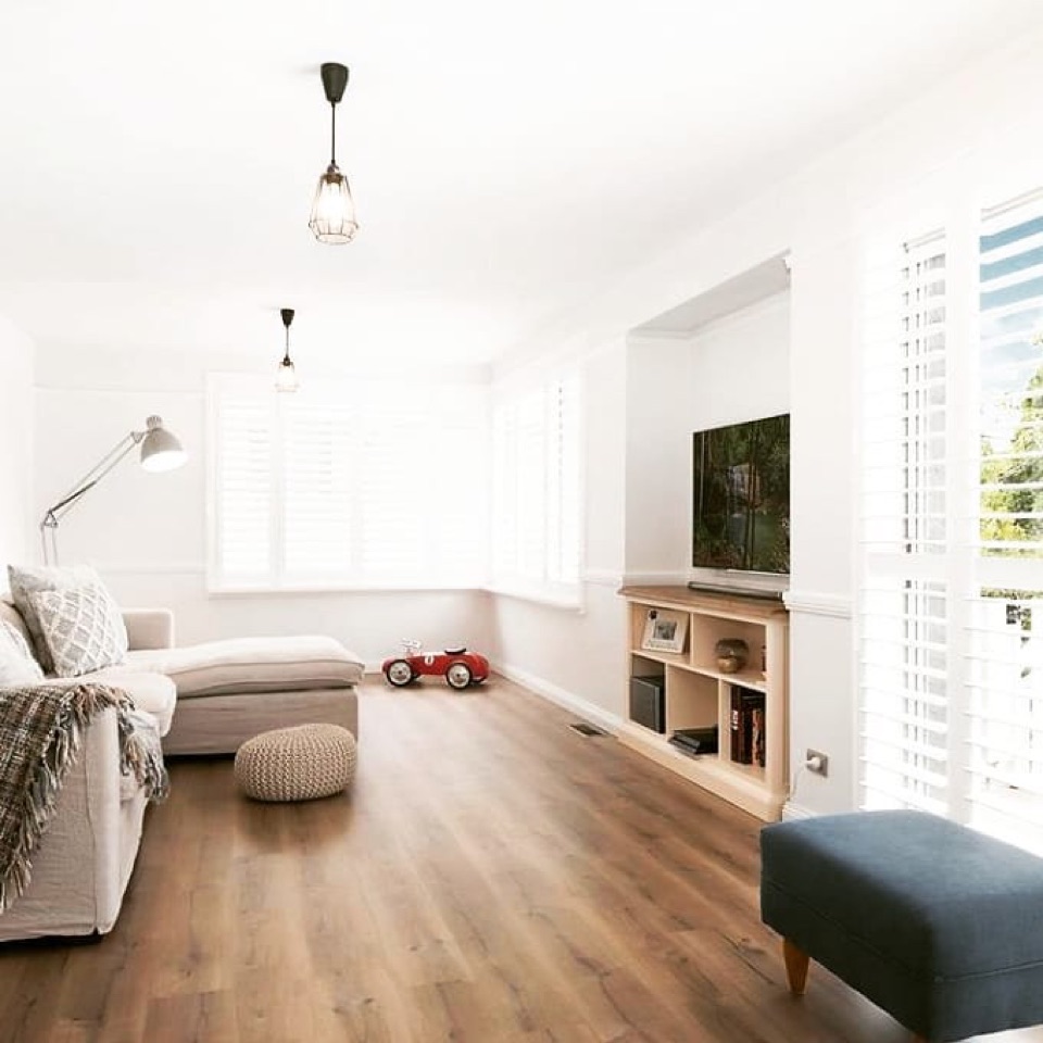 Oak Smoke laminate under crisp plantation shutters
