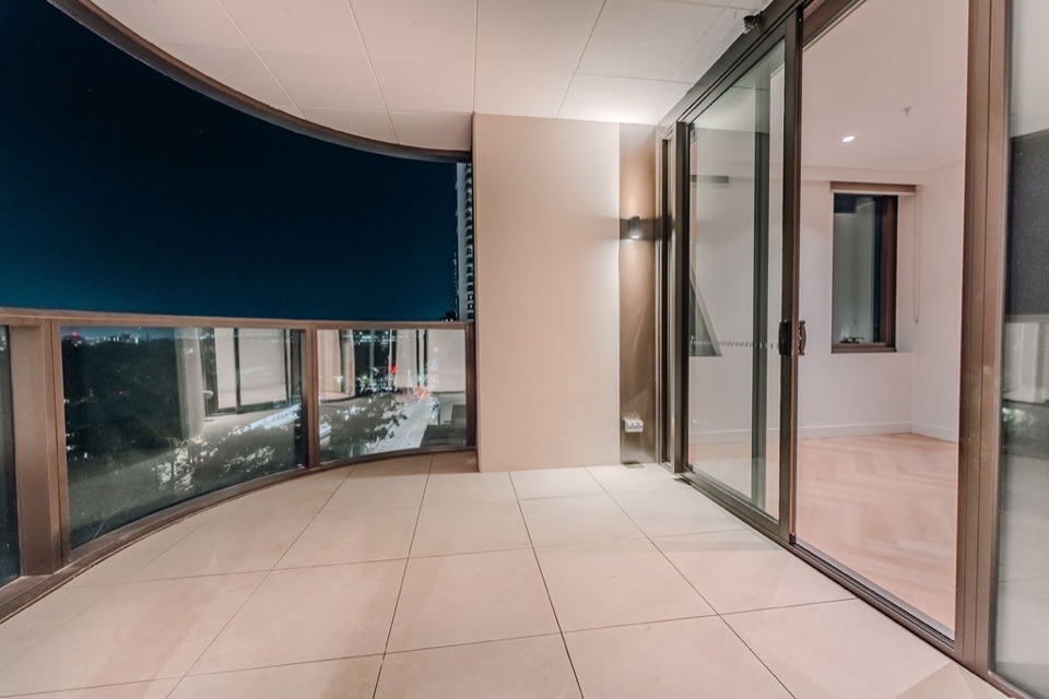 Night view from the balcony into the herringbone interior