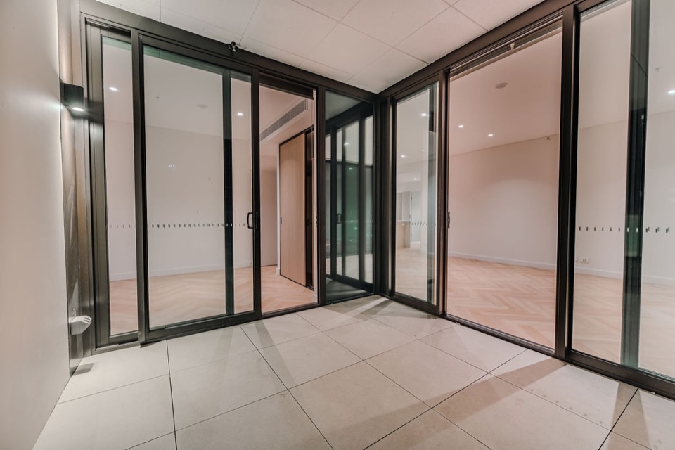 Herringbone seen through the floor-to-ceiling glass