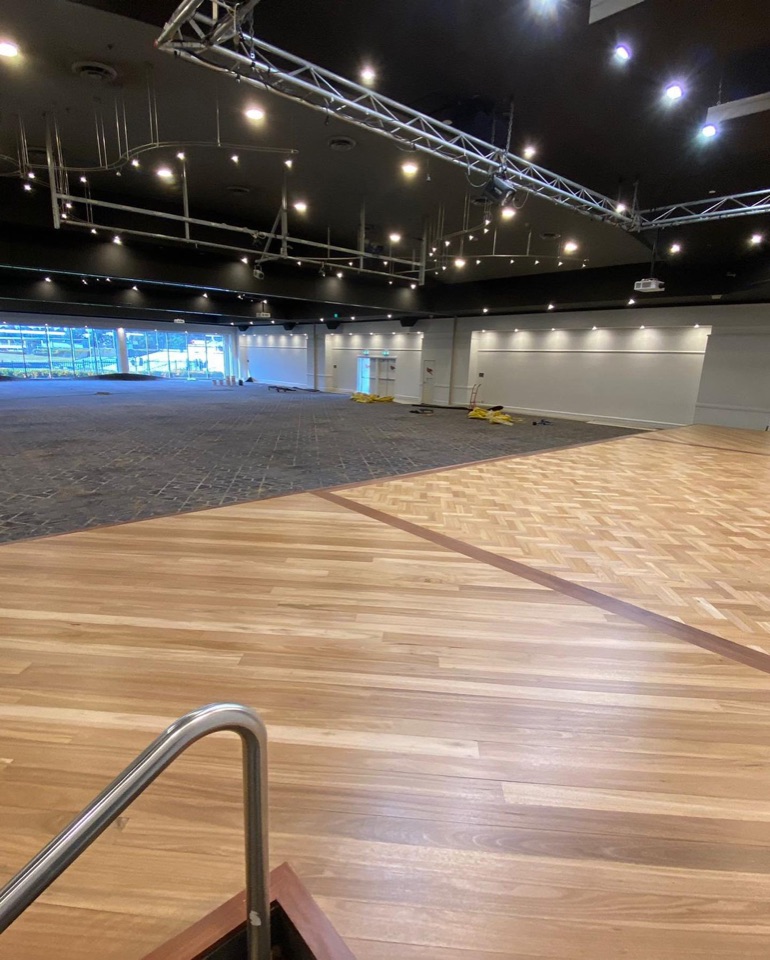 Freshly polished timber across the function room