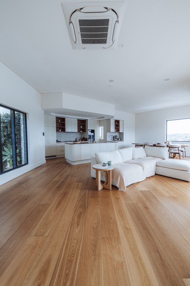 Living, kitchen and dining on one continuous oak floor
